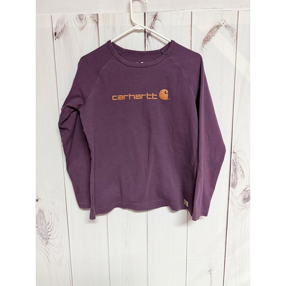 Carhartt Womens Long Sleeve Shirt Large 12-14 Plum Brown Logo Heavyweight GUC